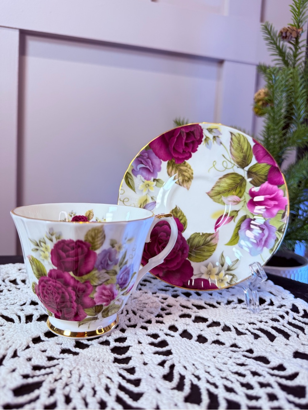 Vintage Duchess Teacup And Saucer With Large Rose and Sweet pea Flower design